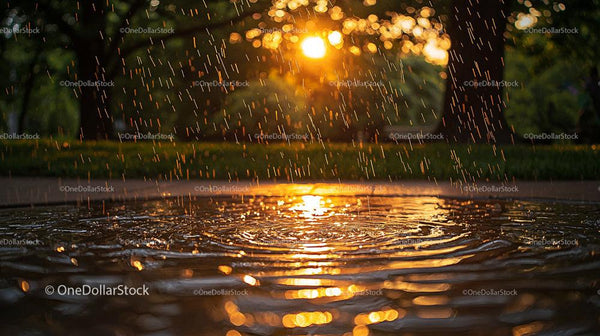 Golden Sunset Reflected in Rippling Park Water with Rain