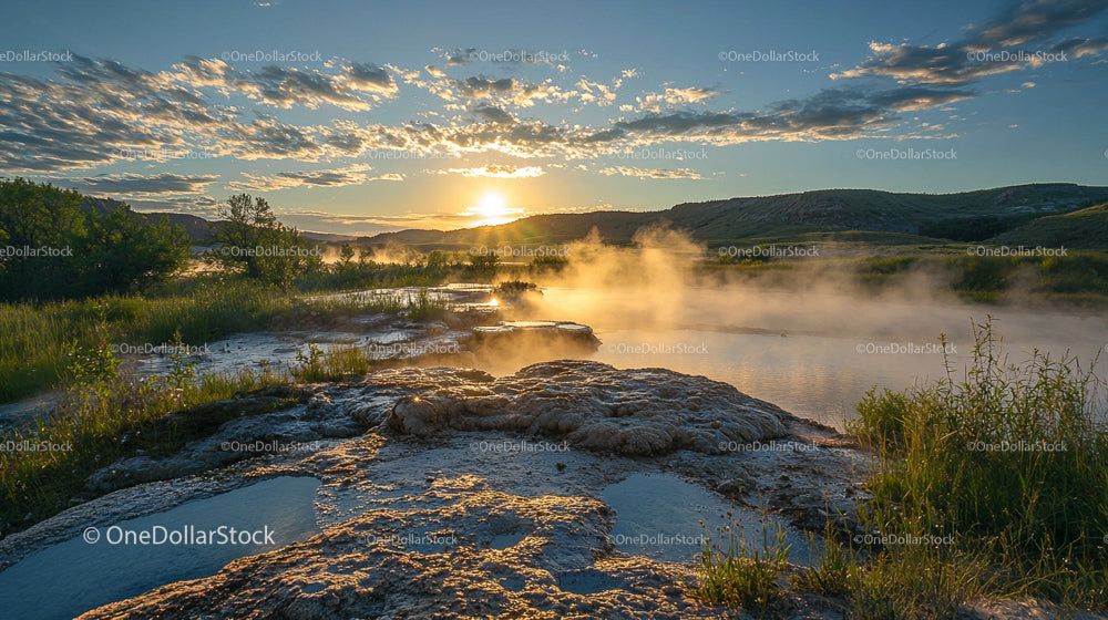Sunset Over Steaming River and Rocky Landscape