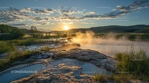 Sunset Over Steaming River and Rocky Landscape