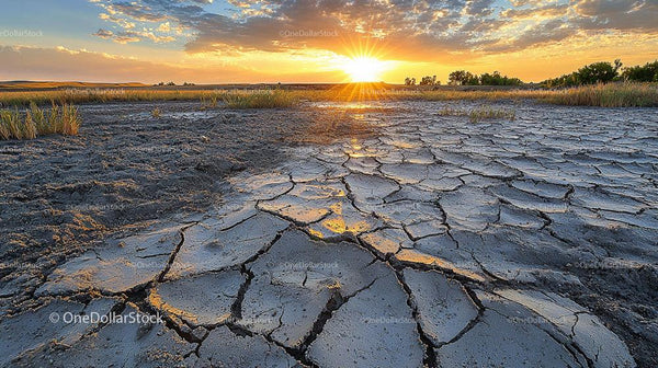 Cracked Earth at Sunset with Golden Sun Rays