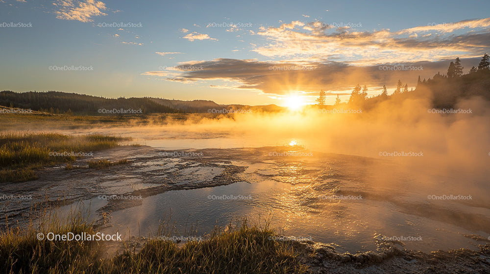 Sunrise Over Misty Geothermal Springs