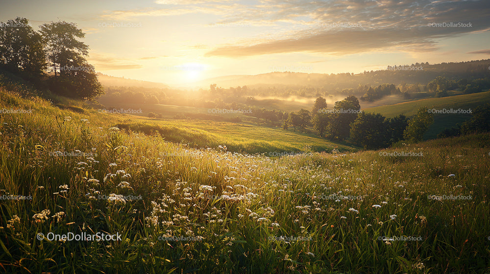 Sunrise Over Misty Meadow with Wildflowers