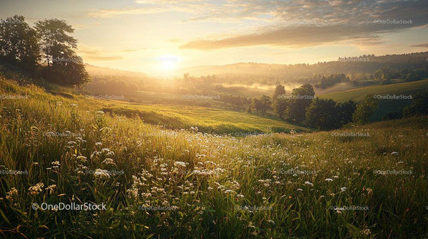 Sunrise Over Misty Meadow with Wildflowers