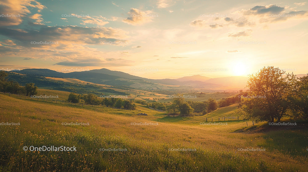 Golden Sunset Over Rolling Countryside Landscape