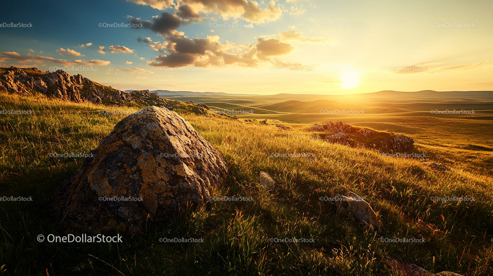 Golden Sunset Over Rolling Grassland and Rocky Outcrop