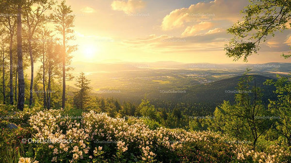 Golden Sunset Over Lush Forest and Blooming Flowers