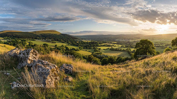 Sunset Over Lush Green Hills and Valleys