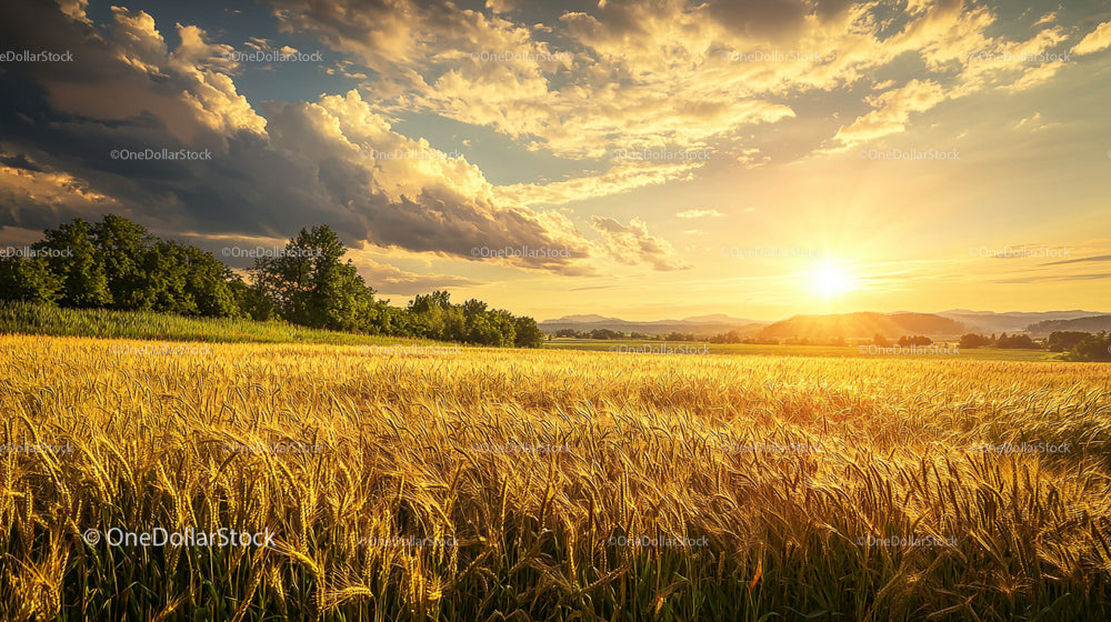 Golden Wheat Field at Sunset with Dramatic Sky