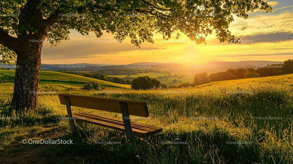 Tranquil Countryside Sunset with a Wooden Bench