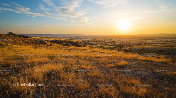 Golden Hour Over Serene Grassland Landscape