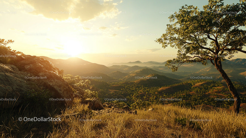 Breathtaking Sunset over Rolling Hills and Silhouetted Tree