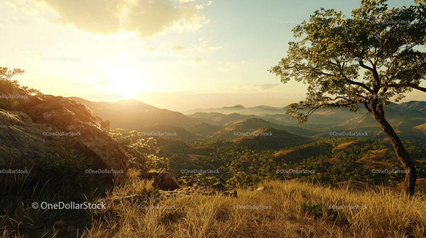 Breathtaking Sunset over Rolling Hills and Silhouetted Tree