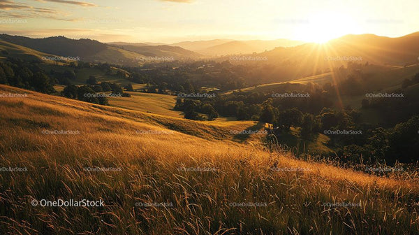 Golden Sunset Over Rolling Hills and Tranquil Countryside