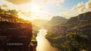 Golden Hour Sunlight Over Scenic Canyon River Landscape