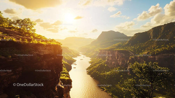 Golden Hour Sunlight Over Scenic Canyon River Landscape
