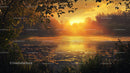 Golden Sunset Over Serene Lake Surrounded by Lush Foliage