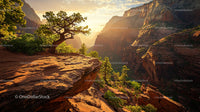 Sunset Over Majestic Canyon with Rocky Cliffs and Trees