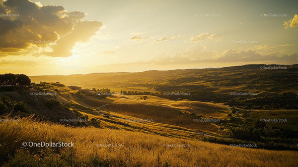Golden Sunset Over Rolling Countryside Hills