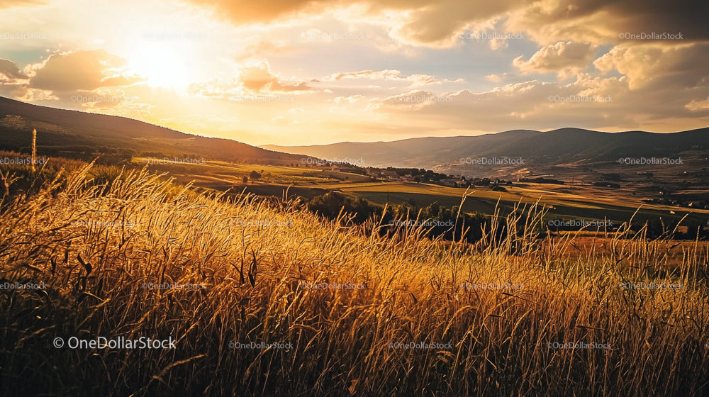 Golden Wheat Field at Sunset with Rolling Hills in Background