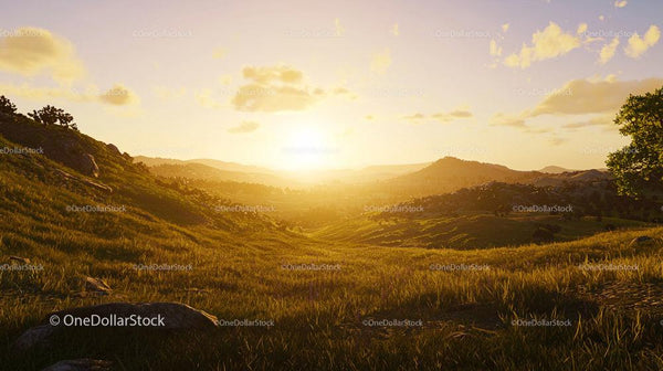 Golden Sunset Over Rolling Hills with Tranquil Atmosphere