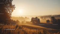 Majestic Sunrise Over Misty Countryside Fields