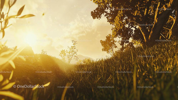Golden Sunset Over Tranquil Meadow with Greenery