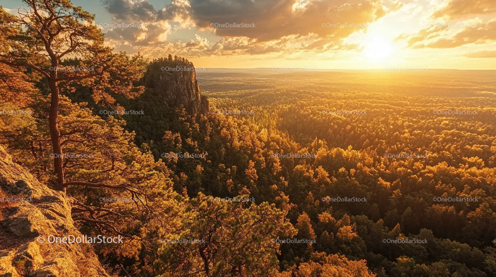 Golden Hour over Forested Mountain Vista