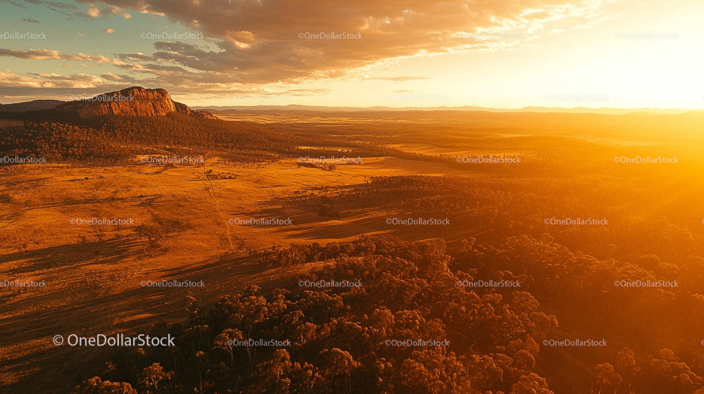 Golden Sunset Over Scenic Mountain Range and Forest