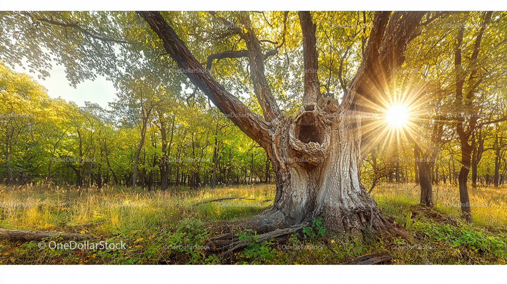 Sunlight Streaming Through Ancient Oak Tree in Forest