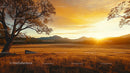 Majestic Mountain Sunset with Golden Fields and Trees