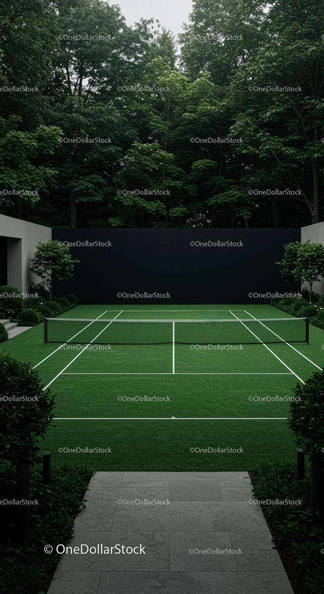 Private Tennis Court Surrounded by Lush Greenery