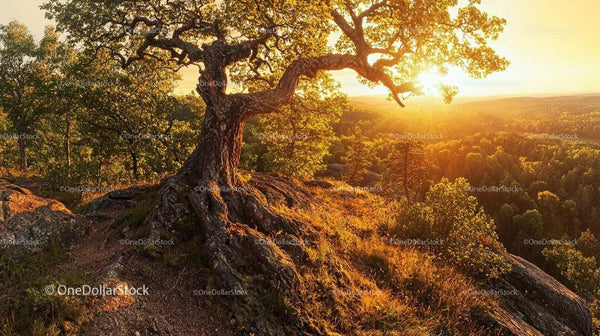 Solitary Tree at Sunset on Rocky Cliff Overlooking Forest