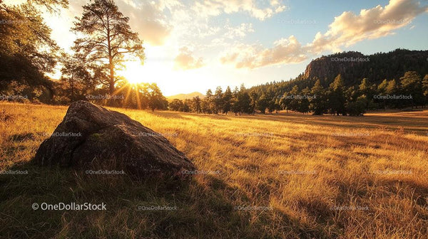 Golden Hour in a Tranquil Grassy Field with Rocky Outcrop