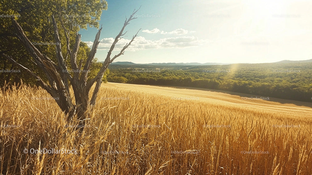 Golden Wheat Field with Sunlit Landscape and Dry Tree