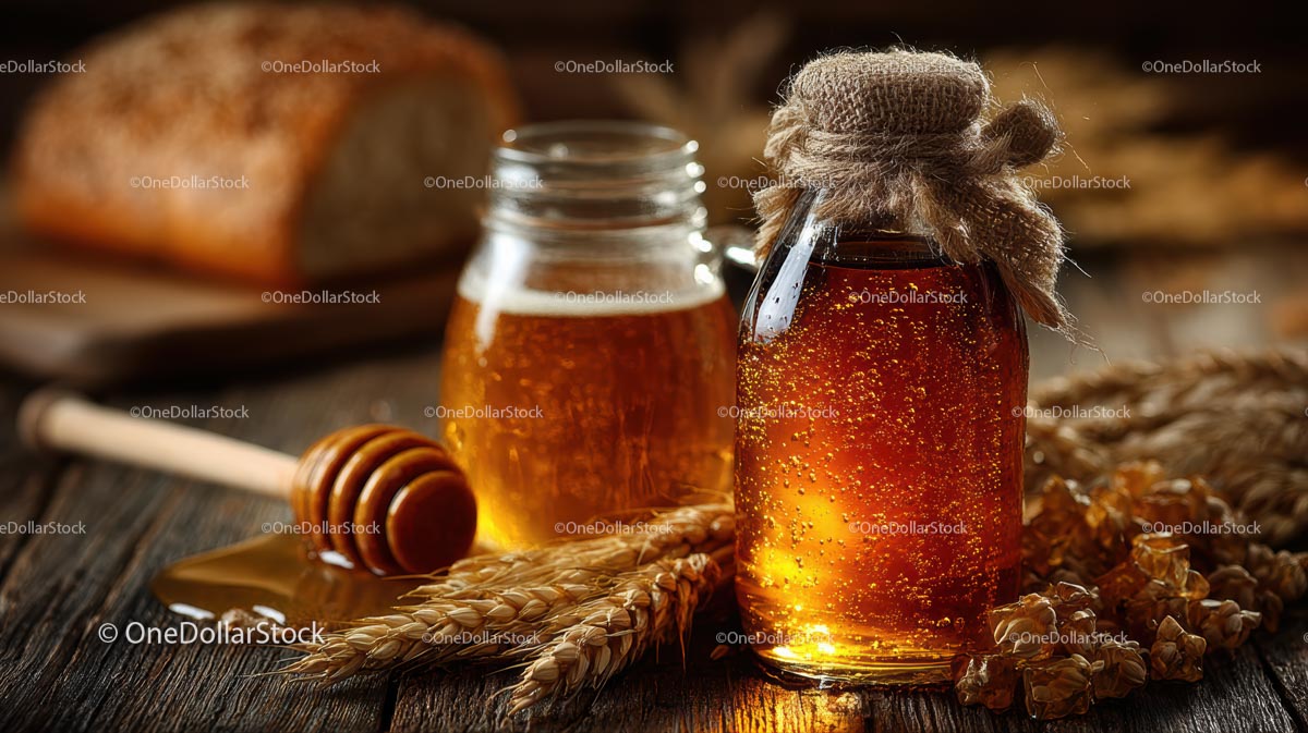Golden Honey in Rustic Jars with Wheat and Bread