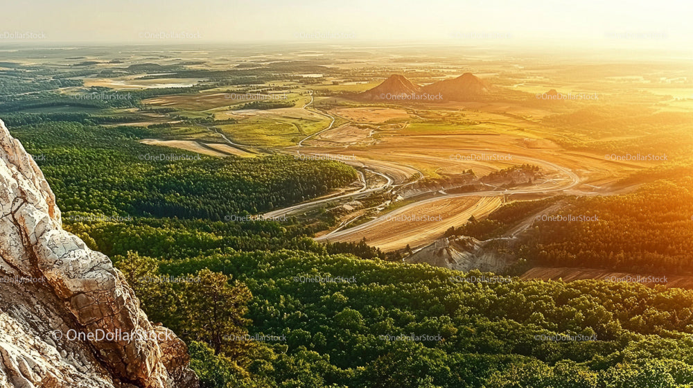 Panorama zachodu słońca nad bujnym zielonym lasem i pagórkami