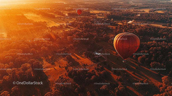 Hot Air Balloons at Sunset Over Scenic Countryside Landscape