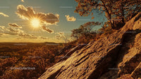 Golden Hour Over Rocky Landscape and Autumn Foliage