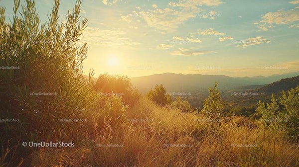 Golden Sunset Over a Serene Countryside Landscape