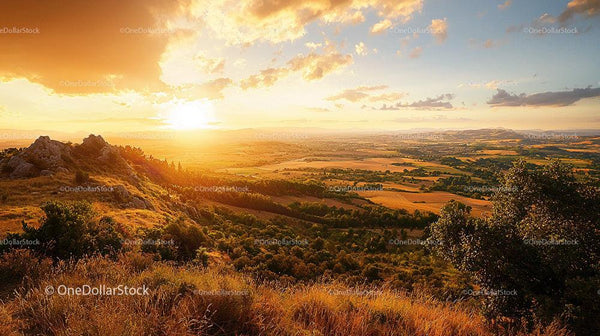 Golden Sunset over Tranquil Rolling Hills and Countryside