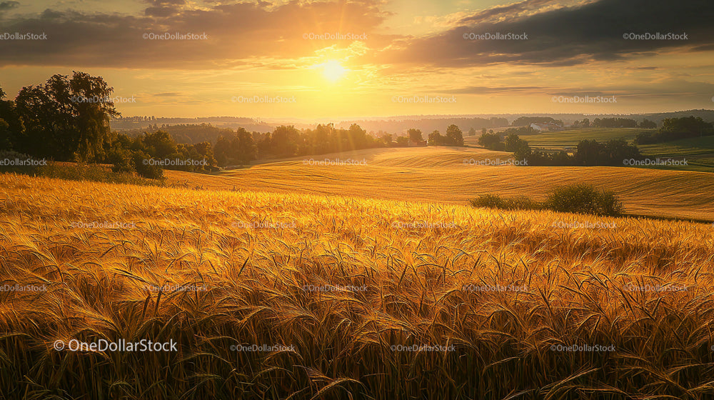 Golden Wheat Field at Sunset with Radiant Sunlight