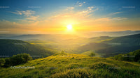 Golden Sunset Over Rolling Green Hills and Valleys
