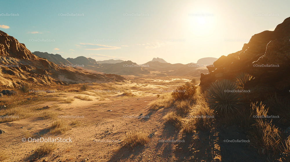 Sunlit Gold Landscape with Rocky Mountains and Sandy Terrain