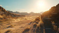 Sunlit Gold Landscape with Rocky Mountains and Sandy Terrain