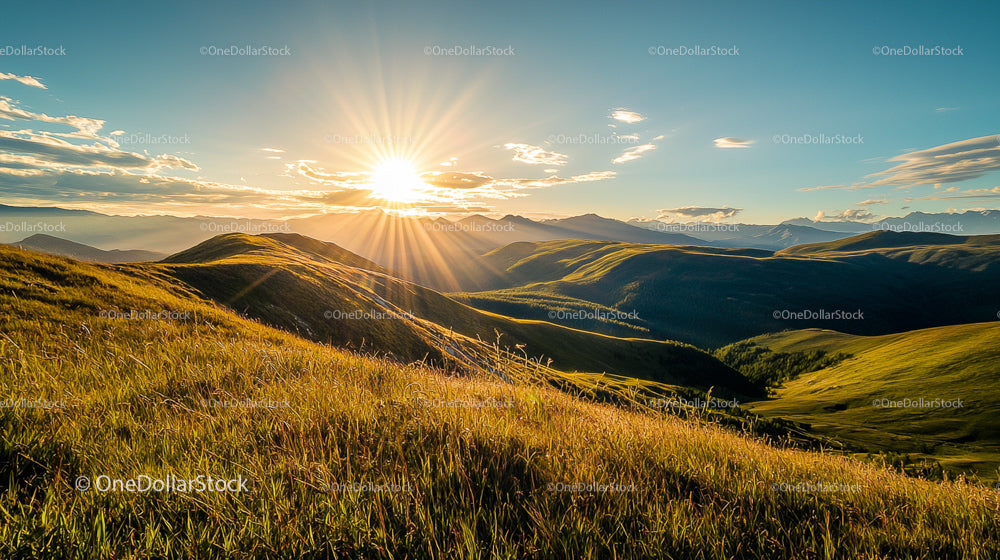 Golden Sunset Over Serene Rolling Hills Landscape