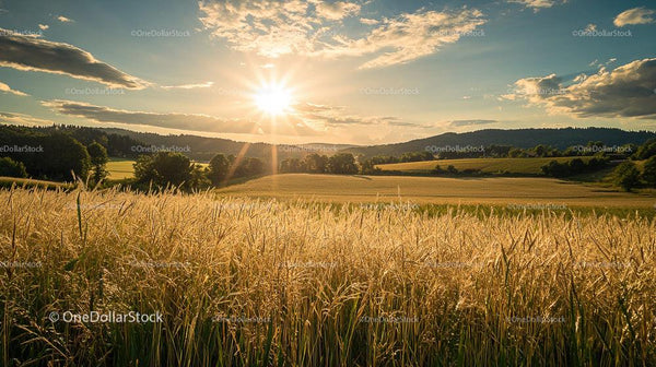 Sunset Over Golden Wheat Fields in Rural Countryside