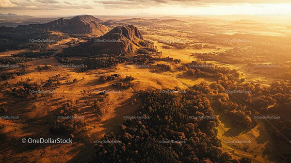 Golden Sunset Over Scenic Mountain and Valley Landscape