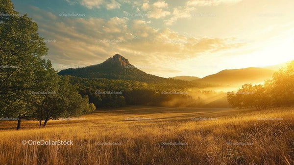 Golden Sunset Over Tranquil Mountain Landscape