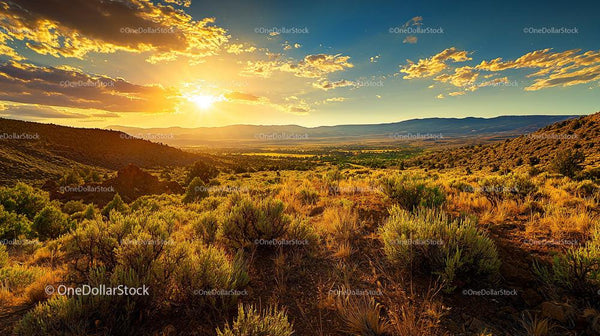 Golden Hour Over a Vast Valley and Distant Mountains