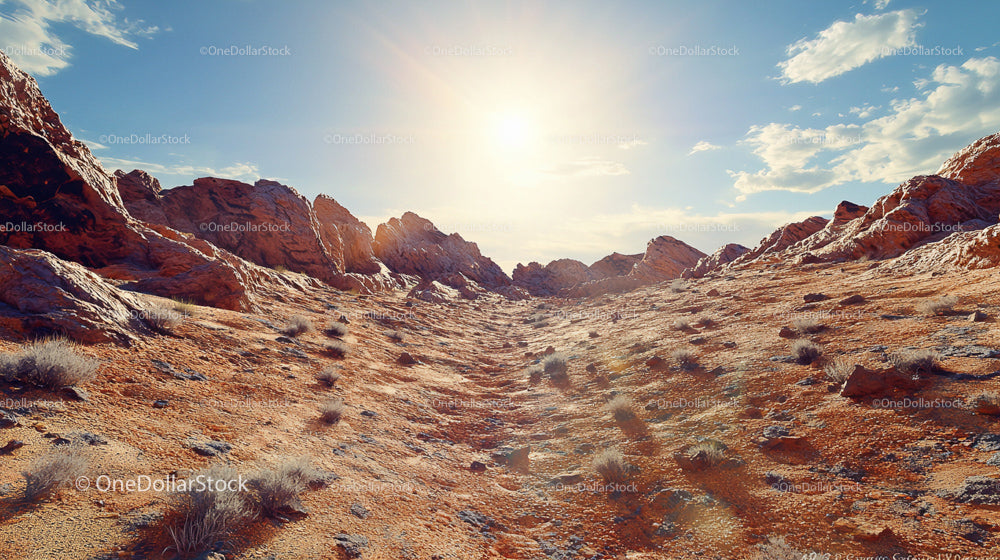 Sunlit Gold Landscape with Rocky Terrain and Blue Sky
